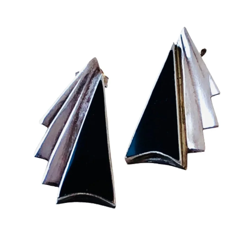 Modernist Sterling Silver & Black Onyx Post Earrings 925 Vintage Signed NF